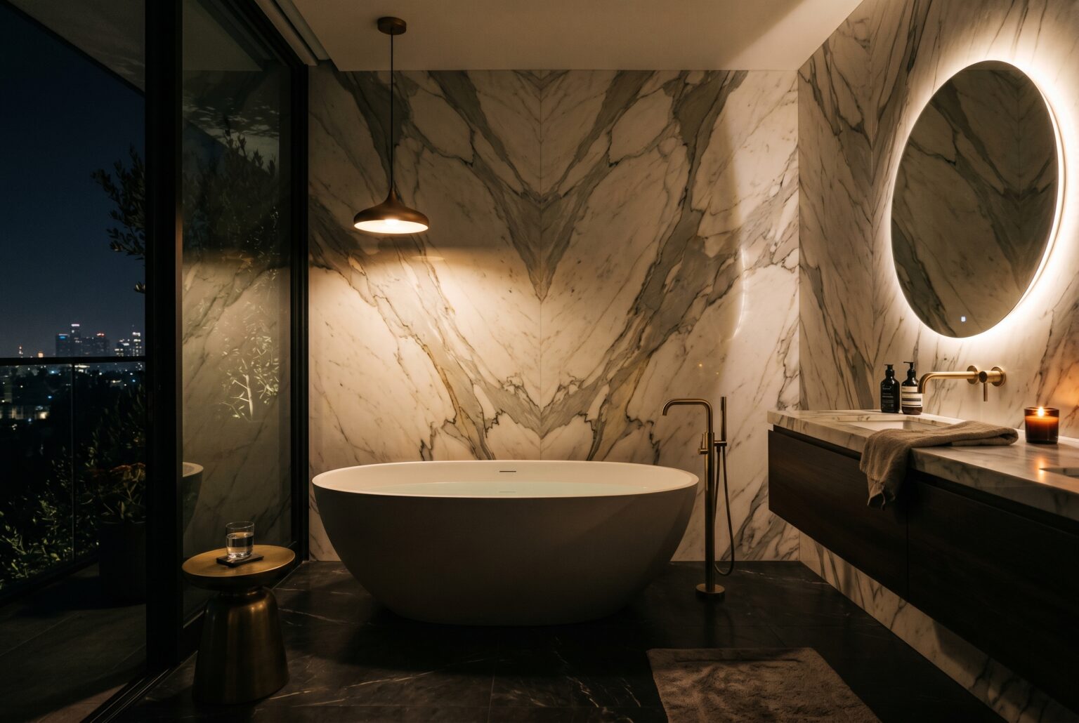 Renovated modern bathroom with a walk-in glass shower, freestanding tub, and tiled walls in a Los Angeles home