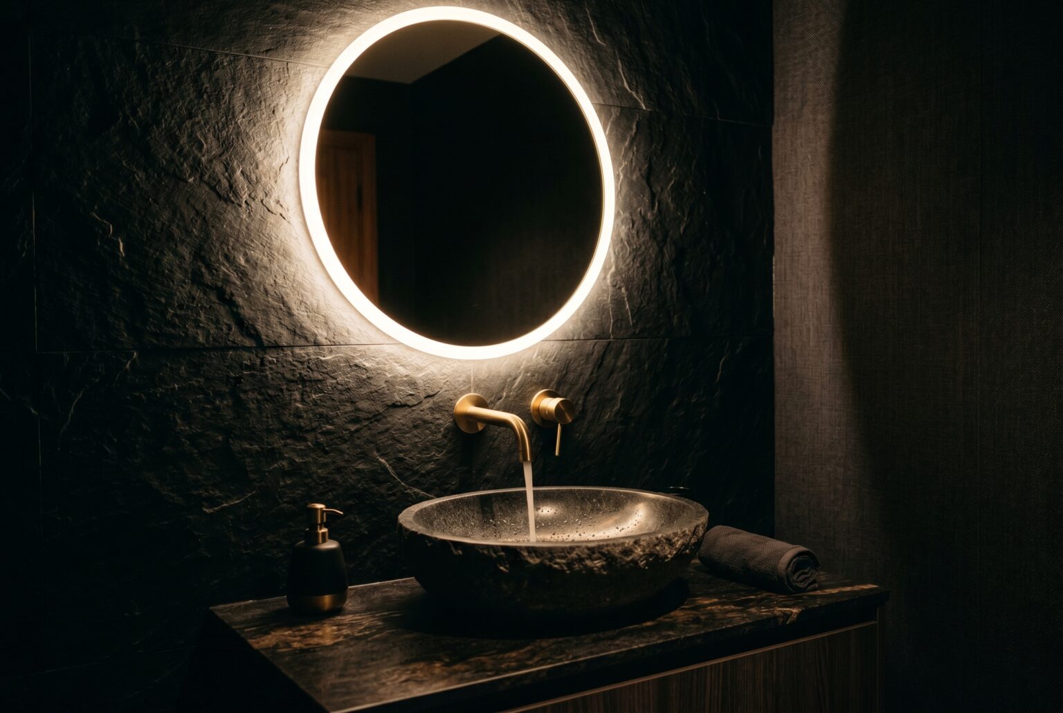 Backlit bathroom mirror casting a soft halo of light on a vanity wall