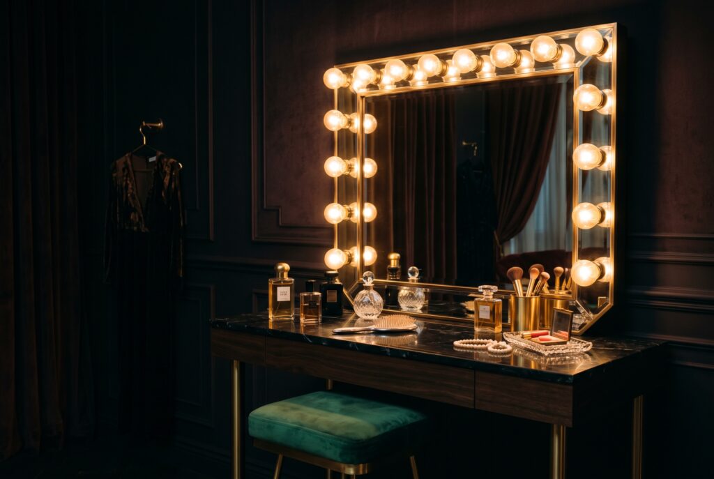 Hollywood vanity mirror with lighted bulbs on a makeup table