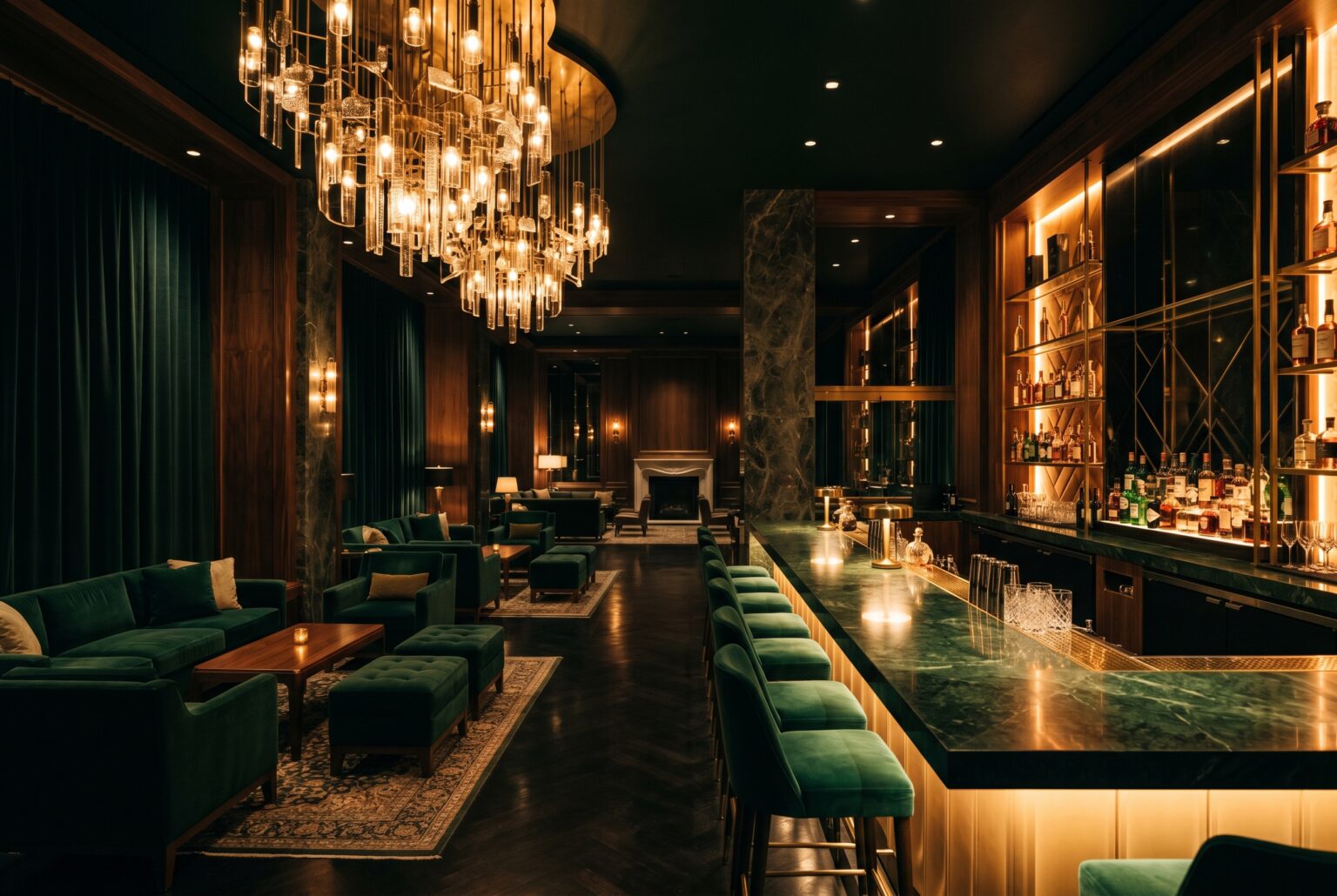 Luxury hotel lobby with layered warm lighting, stone surfaces, and upholstered seating of the kind found in Los Angeles hospitality design