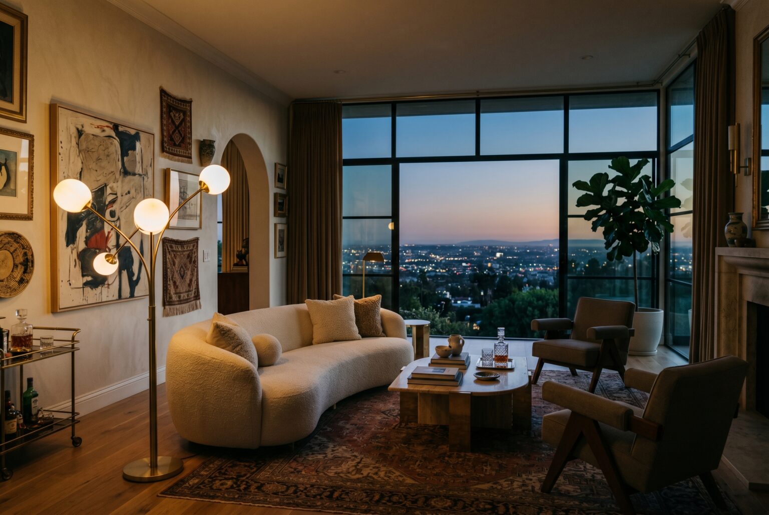 Elegant living room with sculptural furniture, warm plaster walls, vintage wood pieces, and afternoon light through steel-framed glass doors