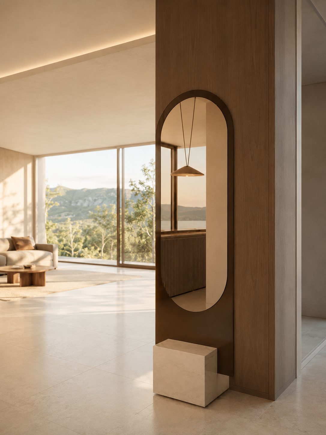 Alice mirror in an indoor-outdoor open-plan room