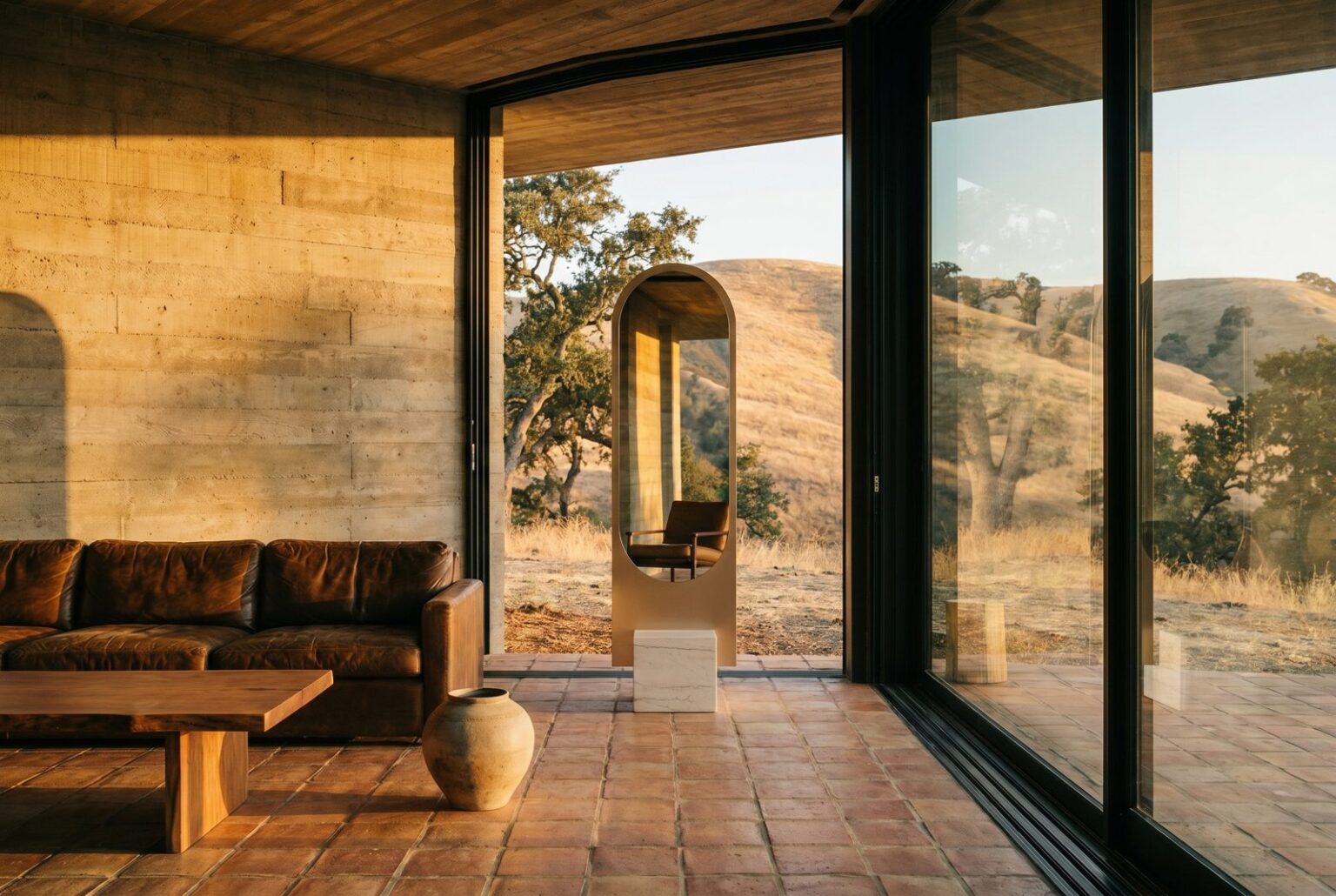 Alice mirror in a hillside room with rammed-earth walls