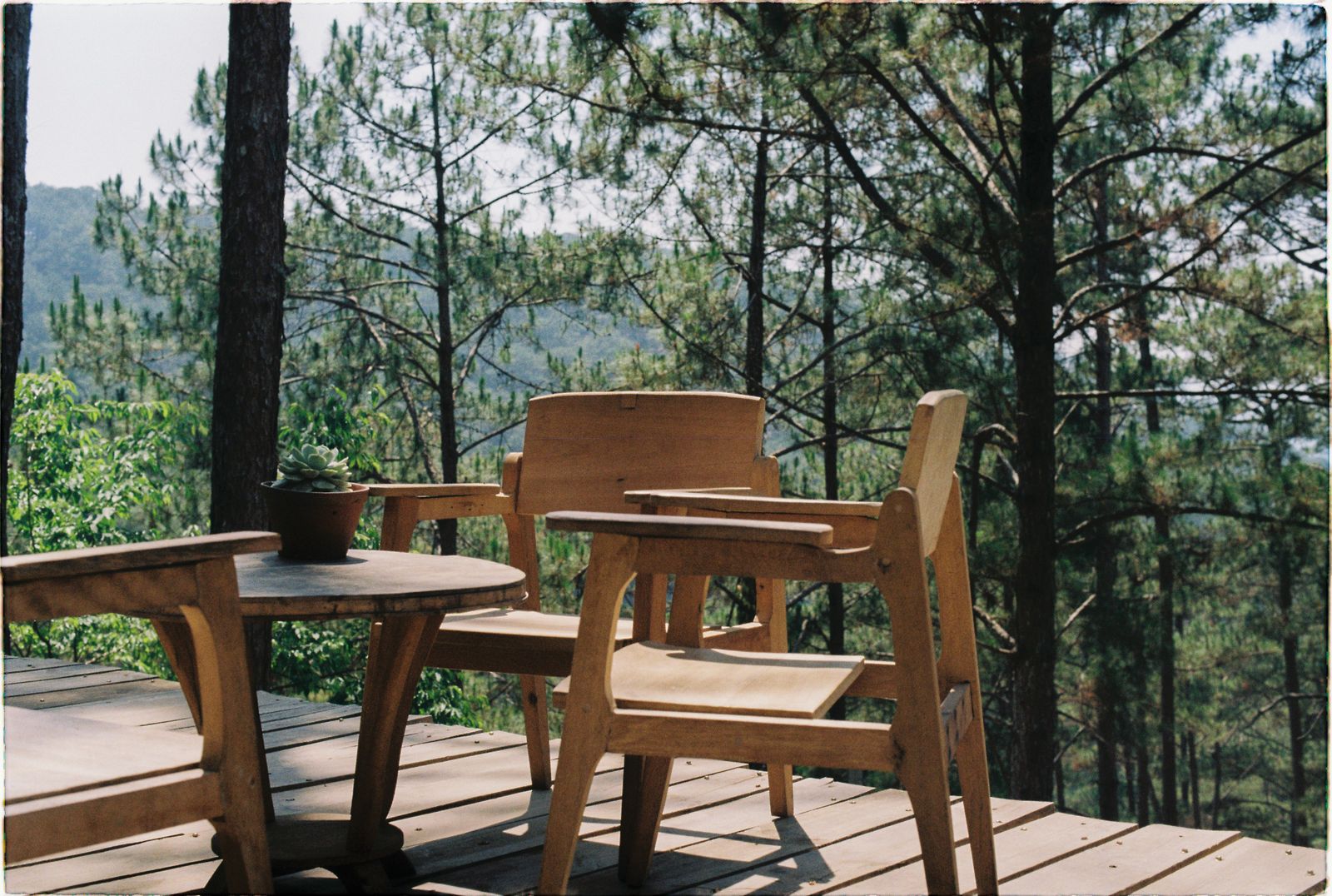 Wooden outdoor table and chairs on a raised deck platform surrounded by trees