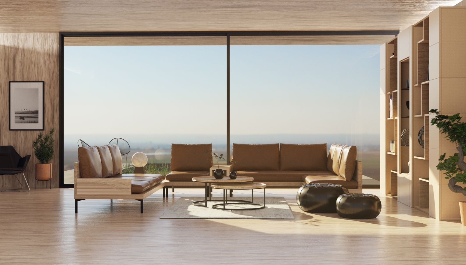 Living room with big glass windows, wooden floors and relaxed furniture
